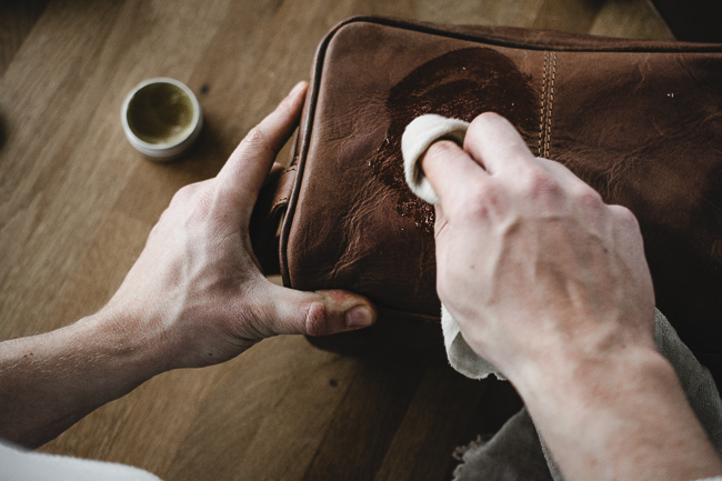 leather care by rubbing with a soft dry cloth